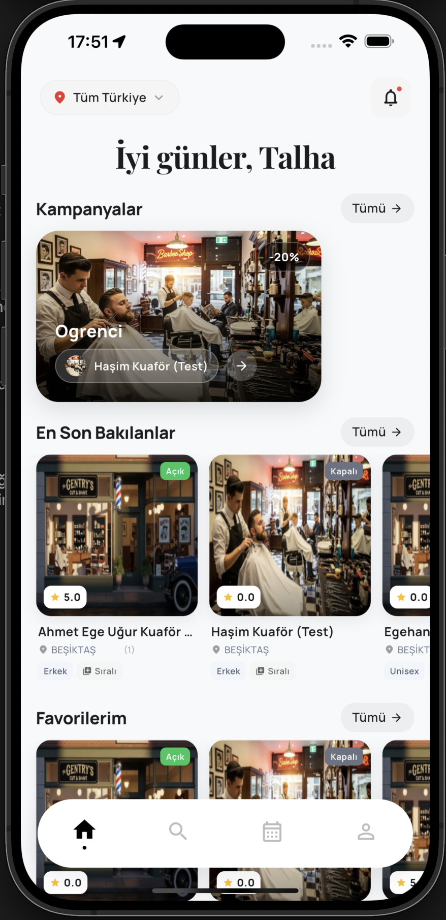 Kuafora Müşteri Uygulaması Ana Ekran